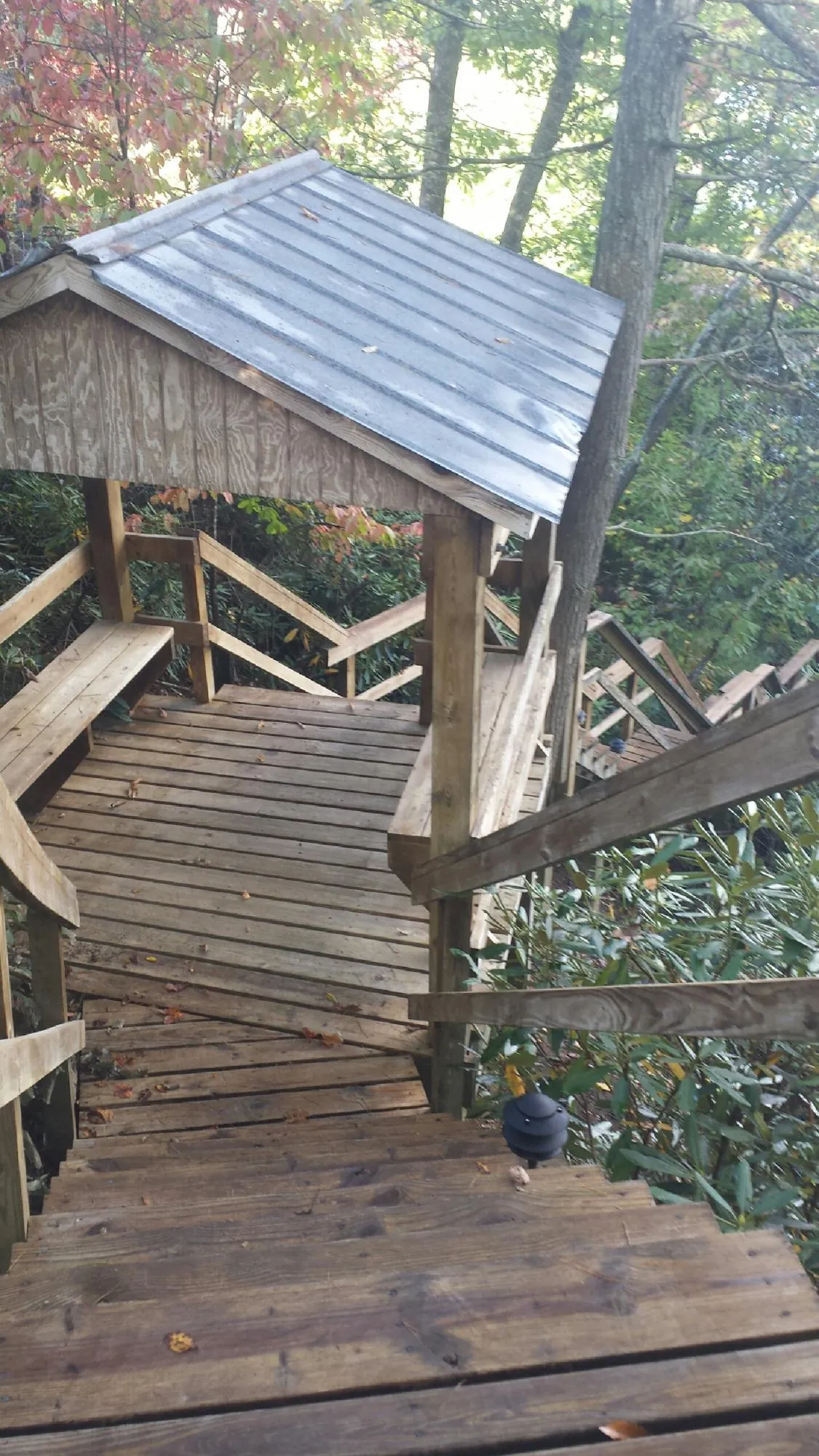 Metal roofed shelter over wooden steps on a wooded walkway — Skylight Repair & Installation work by our crew in West Alton
